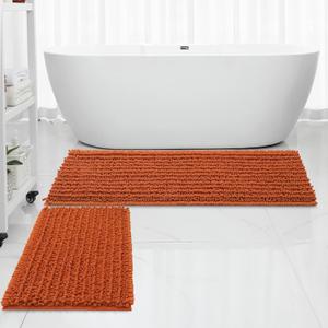 FLOLEOPA Luxury Chenille Burnt Orange Bathroom Rugs Bath Mats Sets, Extra Soft and Absorbent Bathroom Rugs Non Skid Machine Wash Dry Bath Mats47"x17" Plus 17"x24"