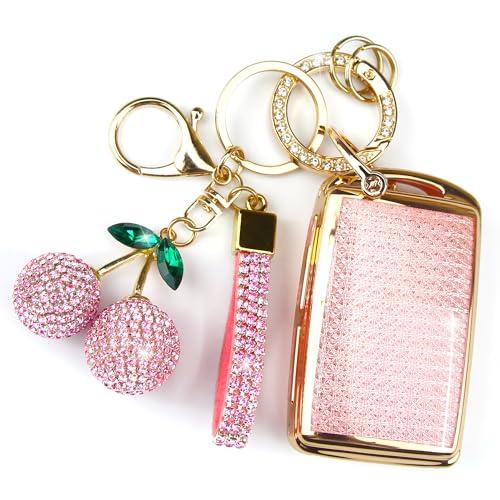 Rayslesan Sparkly Key Fob Cover with Cherry Keychain, Bling TPU Smart Key Case for Women, Compatible with Mazda 3 6,CX-30 CX-5 CX-50 CX-60 CX-70 CX-90, MX-5 Miata (Gold Pink)