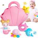 OUOZZZ Baby Toys 6-12 Months - Soft Baby Doll for Girls Mermaid Toys - 2 Years Old Sensory Toy - Birthday Gifts Toddler Plush Stuffed Animal with Squeaker, Crinkle and Bell Ringing Toy Set