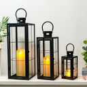 TRIROCKS Metal Candle Lantern Set of 3 - Assorted Sizes (9/15.5/19.5 Inch) - Tall Decorative Hanging Lanterns with Tempered Glass Panels Indoor & Outdoor Home Decor for Parties & Events - Black Finish