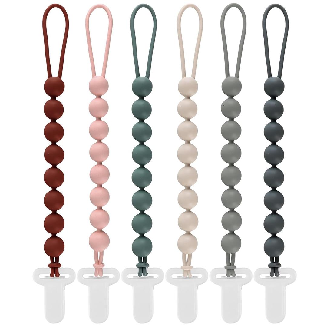 6-Pack Silicone Pacifier Clips for Babies, Safe Teething Beads, Rust-Free Holders, Baby Boy and Girl Essentials, Newborn Must-Have Accessories, BPA-Free