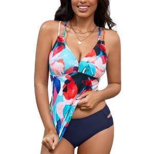 Tankini Swimsuits for Women Criss Cross Back V Neck Adjustable Straps Two Piece Bathing Suits with Bikini Bottom (Large)