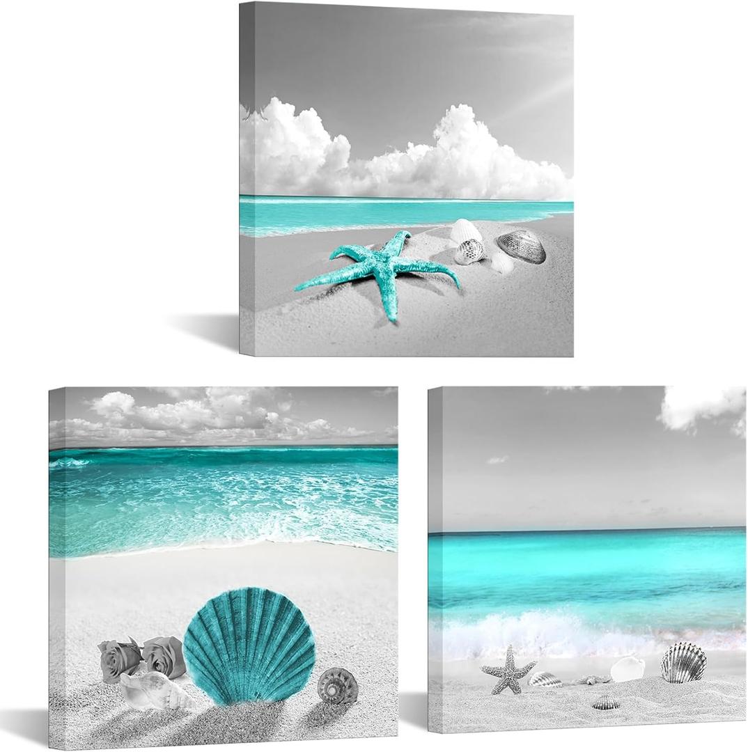 sechars Coastal Canvas Wall Art Seashell Starfish Pictures Prints Bathroom Seaside Painting Artwork Framed (Teal)