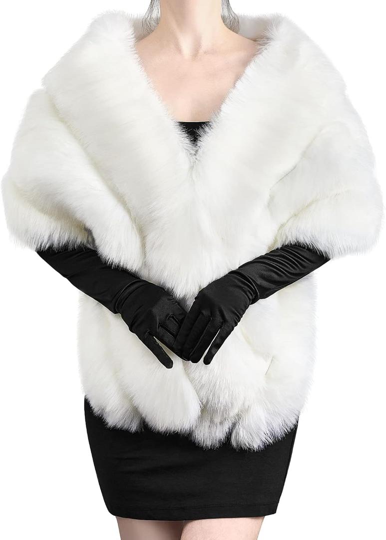 Zhanmai Winter Faux Fur Long Shawl Cloak Stretchy Satin Glove Opera Bridal Dance Gloves for Women Wedding Dress Party Coat (White)