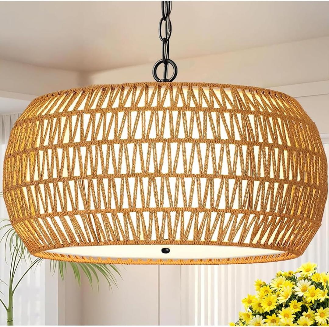 5-Light Rattan Chandeliers for Dining Room, 18.9" Farmhouse Boho Chandelier Light Fixture for Kitchen Island, Hand Woven Chandeliers, Rattan Coastal Hanging Pendant Light for Bedroom Living Room