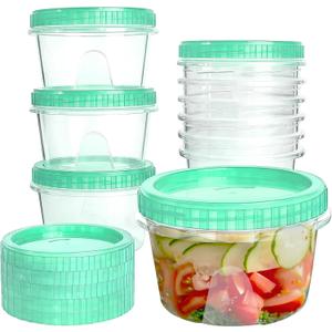 10 Pack 16 oz Freezer Storage Containers with Green Twist Top Lids, Small Plastic Food Storage Soup Meal Prep Containers, Leakproof Overnight Quart Containers for Lunch Leftover Fruit Salad Oat