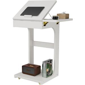 C-Shaped End Table, Solid Wood Rolling Side Table with Lockable Wheels, Couch Tables with Adjustable Desktop &Multi-functional Folding Tray, Small Side Table for Couch, Living Room, Bedroom Tall 30", 15.7" D x15.6" W x30" H