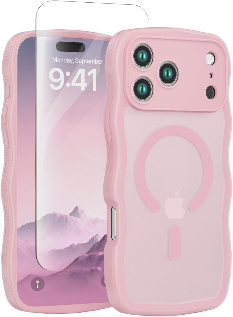 Dasku for iPhone 17 Pro Max Case for Women Girls, Compatible with Magsafe[Military-Grade Full Camera Protection] Magnetic Wave Translucent Matte Shockproof Phone Case for 17 Pro Max Cover (Pink)