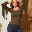 Fringe Tops for Women Western Cowgirl Off The Shoulder Fall Long Sleeve with Tassels Stretchy Crop Shirts Blouses (Brown, XL)