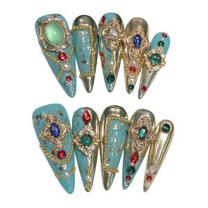 Handmade Press on Nails Stiletto Royal Style Luxurious Colored Gemstones with Full Diamond and Heavily Crafted Design Handmade Stiletto Press on Nails 3D Luxury Press on Nails(S)