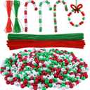 Livder Christmas Beaded Ornament Kit, Include 1000 Pieces Red Green White Plastic Beads, 60 Pieces Chenille Stems, 64 Feet Ribbon for Xmas Wreath Tree Decorations DIY Crafts Jewelry Making (Small)