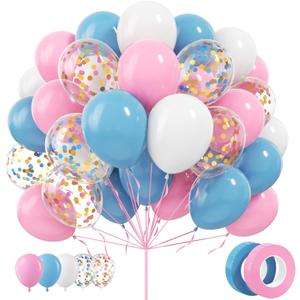 Pink Blue White Balloons, 70 Pcs 12 inch Pink Blue and White Balloons Confetti Latex Balloon with Ribbon for Gender Reveal Baby Shower Birthday Bridal Shower Wedding Party Decorations Supplies