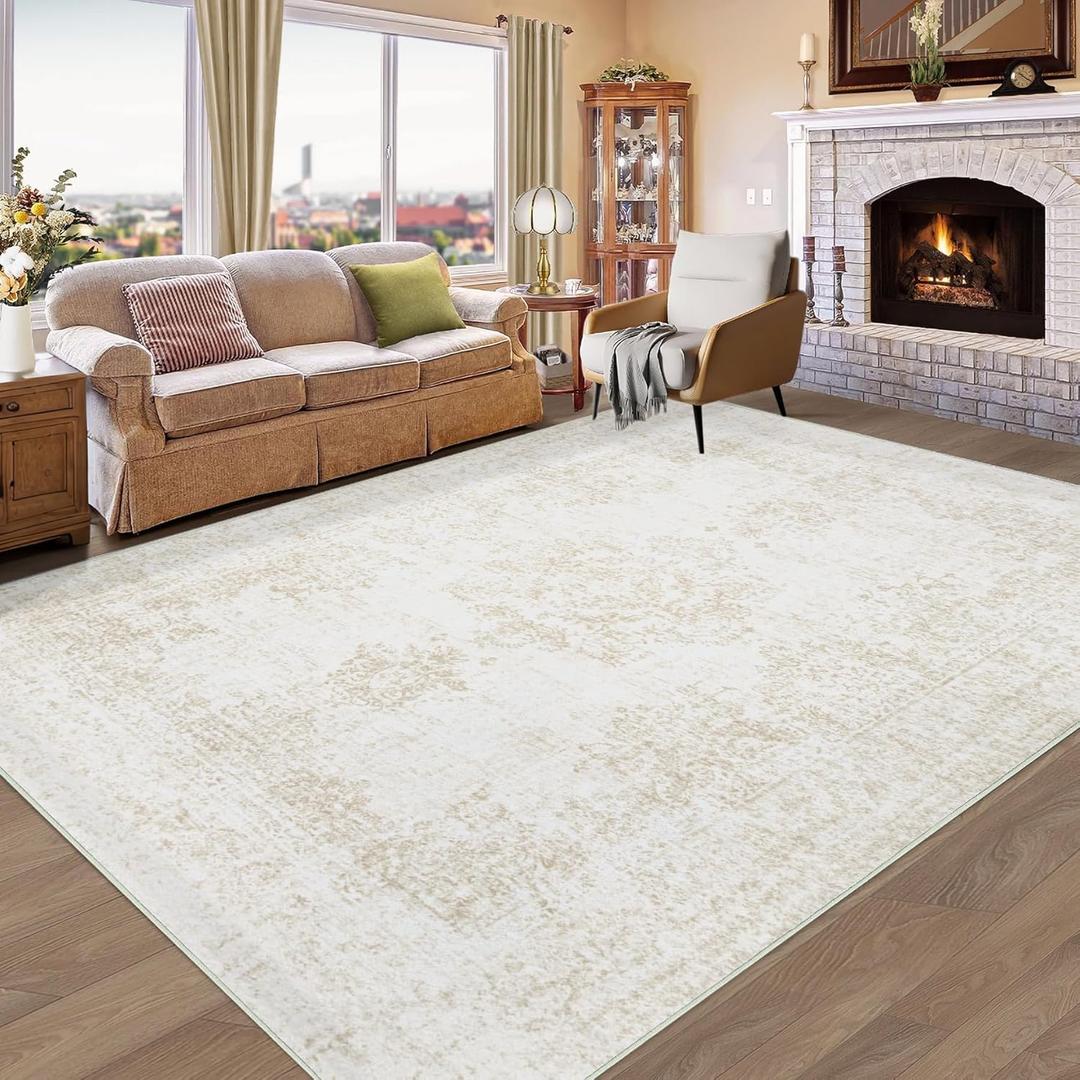 Vintage Living Room Area Rug - 6x9 Large Machine Washable Boho Moroccan Rug Distressed Farmhouse Rugs for Bedroom - Soft Non-Slip Indoor Carpet for Dining Room Office Nursery(Ivory, 6'x9')