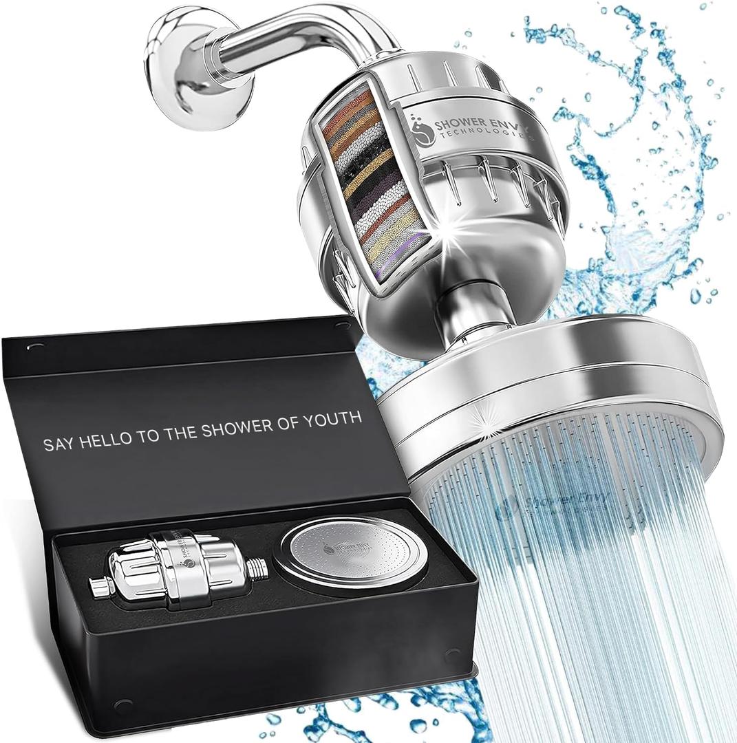 Shower Envy 5.0 Filtered Shower Head  15-Stage Water Softener with Vitamin C & E for Healthy Skin & Hair  High Pressure, Hard Water Purifier  2 Cartridges Included
