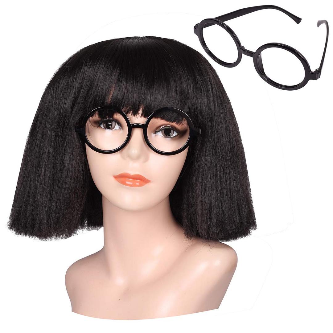 ColorGround Women Adults Fluffy Medium Black Cruly Cut Bangs Wig with Round Glass Frame