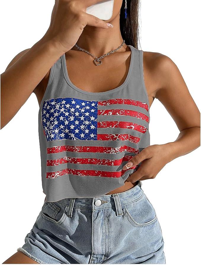 Women's Sexy USA Crop Tank American Flag Cropped Tank Tops 4th of July Patriotic Sleeveless Tee Tops (Grey, S)