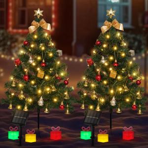 2 Pack Solar Mini Christmas Tree Decorations Lights, 30 Inch 8 Flashing Modes Waterproof Xmas Decor, 60 LED Lights with Ornaments 6 Lighted Gift Boxes for Porch Pathway Yard Garden (Warm White)