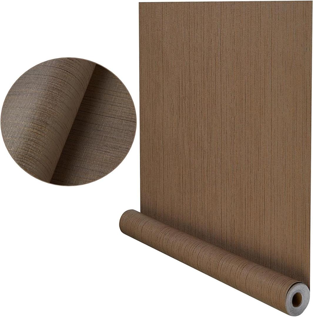 Grasscloth Wallpaper Peel and Stick 24in x 393in(32.8ft) Fabric Contact Paper Textured Linen Papel Self-Adhesive Thick Vinyl Embossed Film Wall Paper (Coffee Brown)