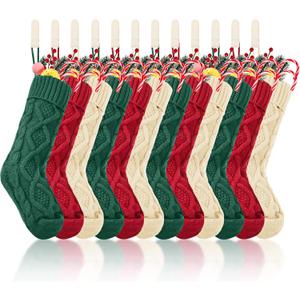 12 Pack 18 Inches Large Knitted Christmas Stockings Burgundy White Green Xmas Stockings with Holders Cute Vintage Christmas Stockings for Christmas Tree Family Holiday Season Xmas Decor