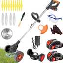 Electric Weed Wacker Cordless Eater Battery Powered, 21V Lightweight Stringless Grass Trimmer/Edger/Brush Cutter, 3 in 1 Weed Trimmer with 2 Battery Operated and Wheels for Yard and Garden