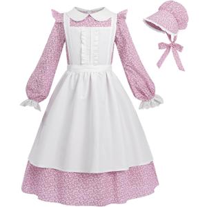 NSPSTT Girl Pioneer Costume Prairie Dresses for Girls Floral Colonial Dress Girl 1800s Dress (XX-Large, Long Sleeve-pink)