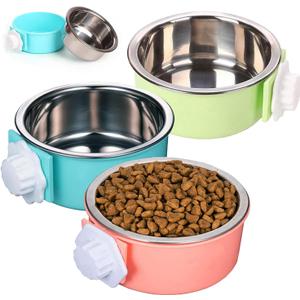 HERCOCCI Dog Crate Bowls, Removable Stainless Steel Pet Kennel Cage Hanging Food Bowls and Water Feeder Coop Cup Prevent Overflow for Puppy, Medium Dog, Cat, Rabbit, Ferret (3PCS) (Blue,Red,Green)