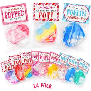 Valentine's Day Cards and Gifts for Kids - 24 Mini Heart Pop Fidget Toys Bulk - Exchange Cards for Classroom School Party Favors - Toddlers Girls Boys Age 3 Year and Up