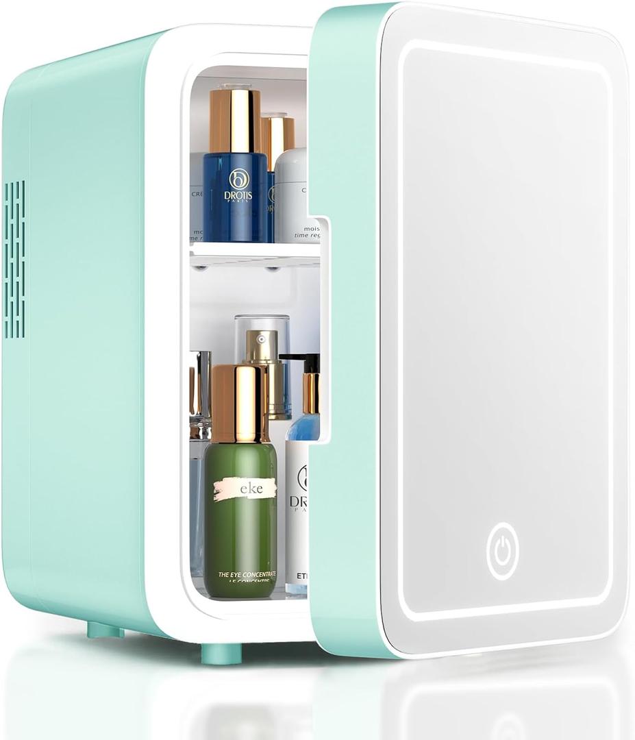 CUTIEWORLD Skincare Fridge with Dimmable LED Light Mirror, 4L Mini Fridge For Desktop, Travel or Cool & Heat, Makeup Fridge for Cosmetics, Skin Care and Food, Green