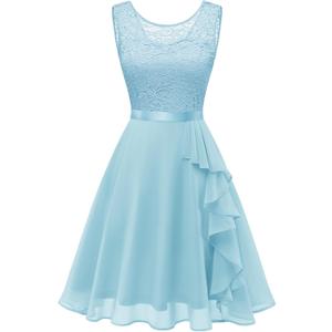 BeryLove Women's Cocktail Dresses Prom Wedding Guest Short Bridesmaid Dresses Ruffle Hem Sleeveless Lace Formal Dress (Light Blue) XS