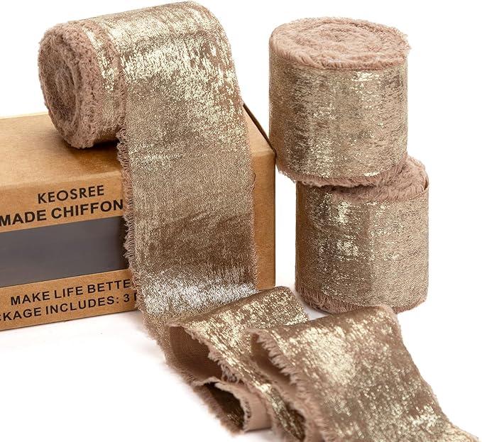 KEOSREE Light Brown Silk Chiffon Ribbon,Frayed Shimmery Silk Ribbon for Bridal Flower Bouquet Christmas Gift Wrapping Wedding Decor Invitations Decorations 1.5" x 10 Yards (5Yards X 2 Rolls)