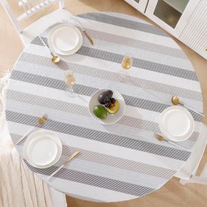Round Vinyl Fitted Tablecloth with Flannel Backing Elastic Edge Design Table Cover Waterproof Oil-Proof PVC Table Cloth Stain-Resistant Best for 37"-44" Round (Line)