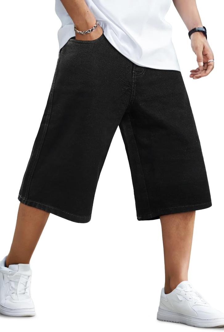 GINGTTO Mens Baggy Jorts Y2k Long Black Jean Shorts for Men 90s Wide Leg Denim Shorts Men Loose Plus Size 44