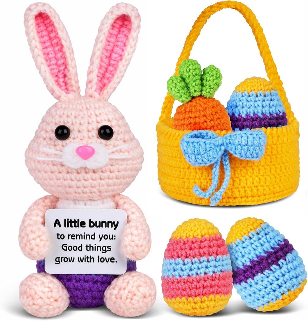 5 Pcs Finished Easter Positive Crochet Animals for Teen Girls & Adults Women, Handmade Filled Easter Basket with Crochet Bunny, Carrot, 2 Eggs, Easter Decoration Gifts Prefilled with Animal Stuffers