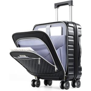 Lekebobor 18 Inch Carry On Luggage Airline Approved, Hybrid Soft Hard Shell Travel Suitcase with Removable Spinner Wheels, TSA Lock, Front Pocket for Women, Black