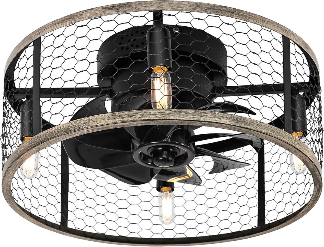 Ohniyou Caged Ceiling Fan with Light - 18'' Small Farmhouse Cage Ceiling Fan Remote Control, Flush Mount Rustic Ceiling Fan for Kitchen Bedroom (Wood 18'' E12x4)