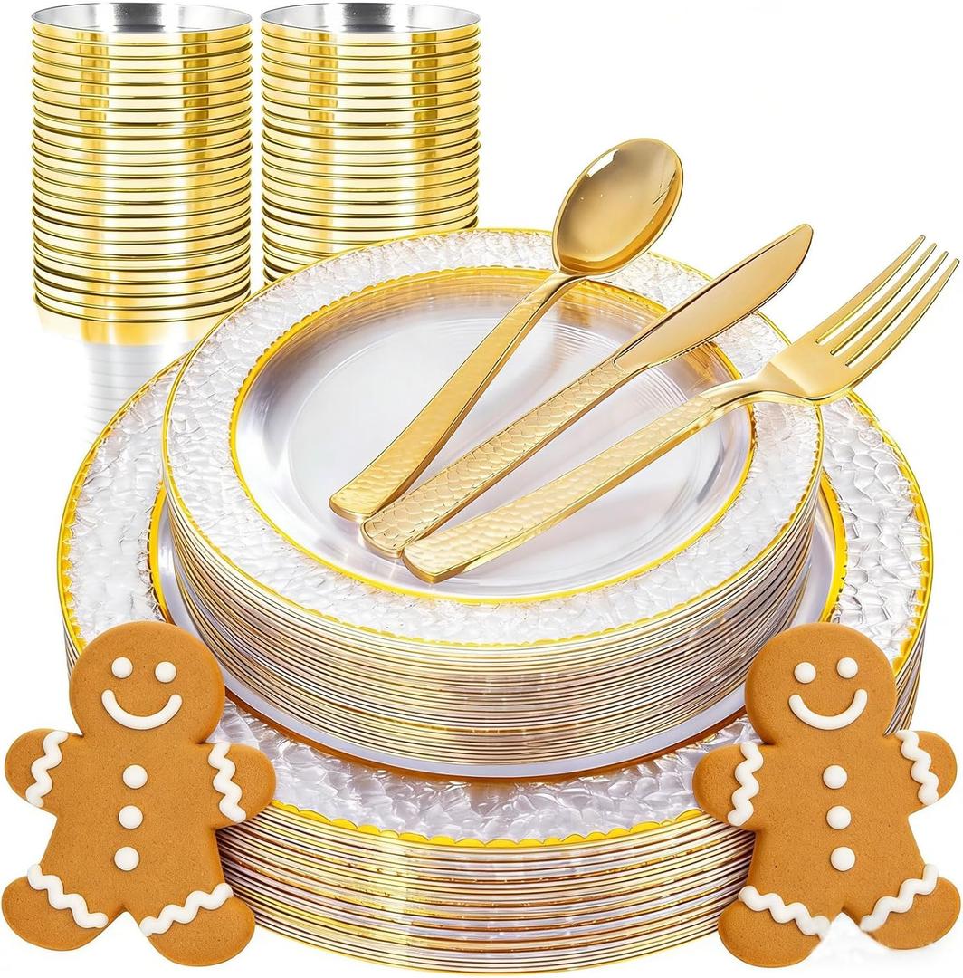 Ciaell 150PCS Clear Gold Plastic Plates - Disposable Gold Rim Plates include 25Dinner Plate, 25Dessert Plate, 25Forks, 25Knives, 25Spoons, 25Cups for Wedding & Party & Christmas & New Year