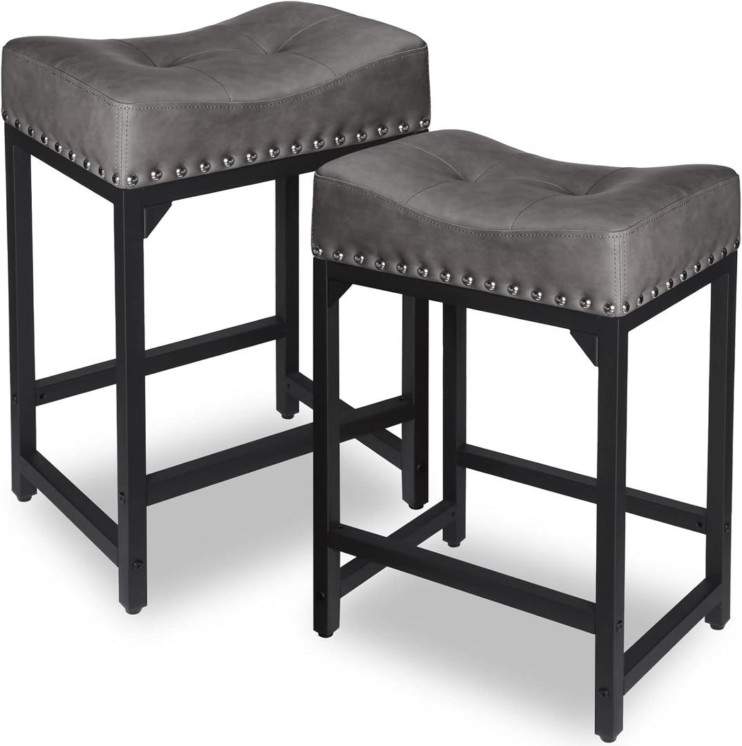 Counter Height Bar Stools Set of 2, Bar Stools for Kitchen Counter, 24 Inch Counter Stools Saddle Barstools with Metal Base for Pub, Bar, Kitchen Dining Room (Grey & Black)