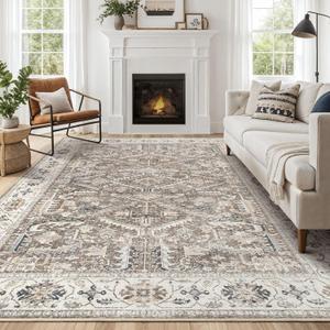 Area Rugs 9x12 for Living Room - Washable Soft Large Vintage Rug Non-Slip Stain Resistant Traditional Stain Resistant Indoor Floor Low Pile Carpet for Bedroom Dining Room or Home Office - Dark Brown