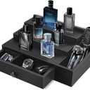 Cologne Stand Organizer for Men, 3 Tier Cologne Display Shelf with Velvet Lining Drawer and Compartments for Watch, Jewelry, Perfume Display Risers for Cologne, Great Gift for Father