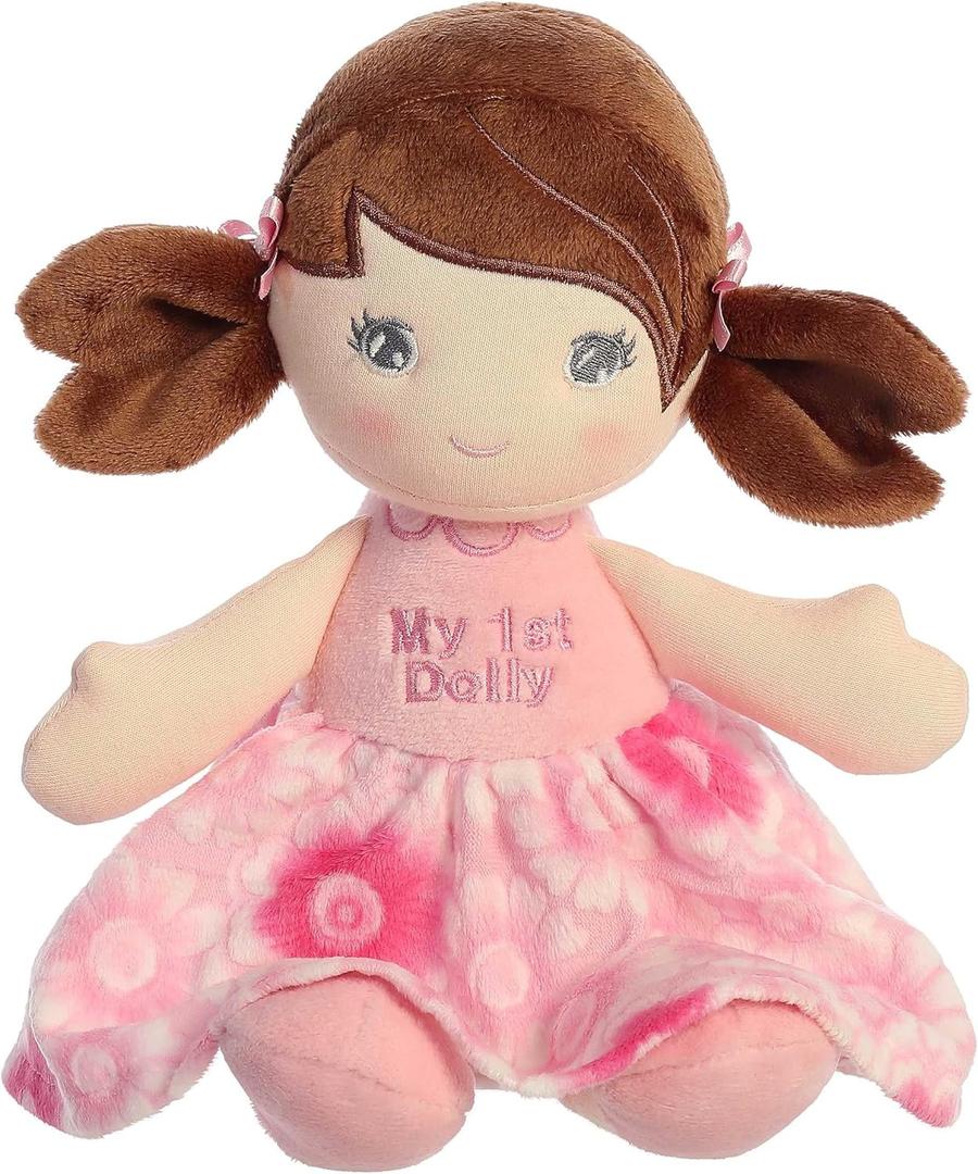 Aurora Elegant First Doll Brunette Baby Stuffed Doll - Imaginative Play - Stylish Companions - Pink 12 Inches
