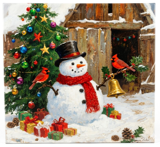 Woxfcart Christmas Snowman Canvas Wall Art, Holiday Winter Snow Scene Xmas Tree Pictures with Shiny Accessories for New Year Living Room Decor 32 x 24 inch