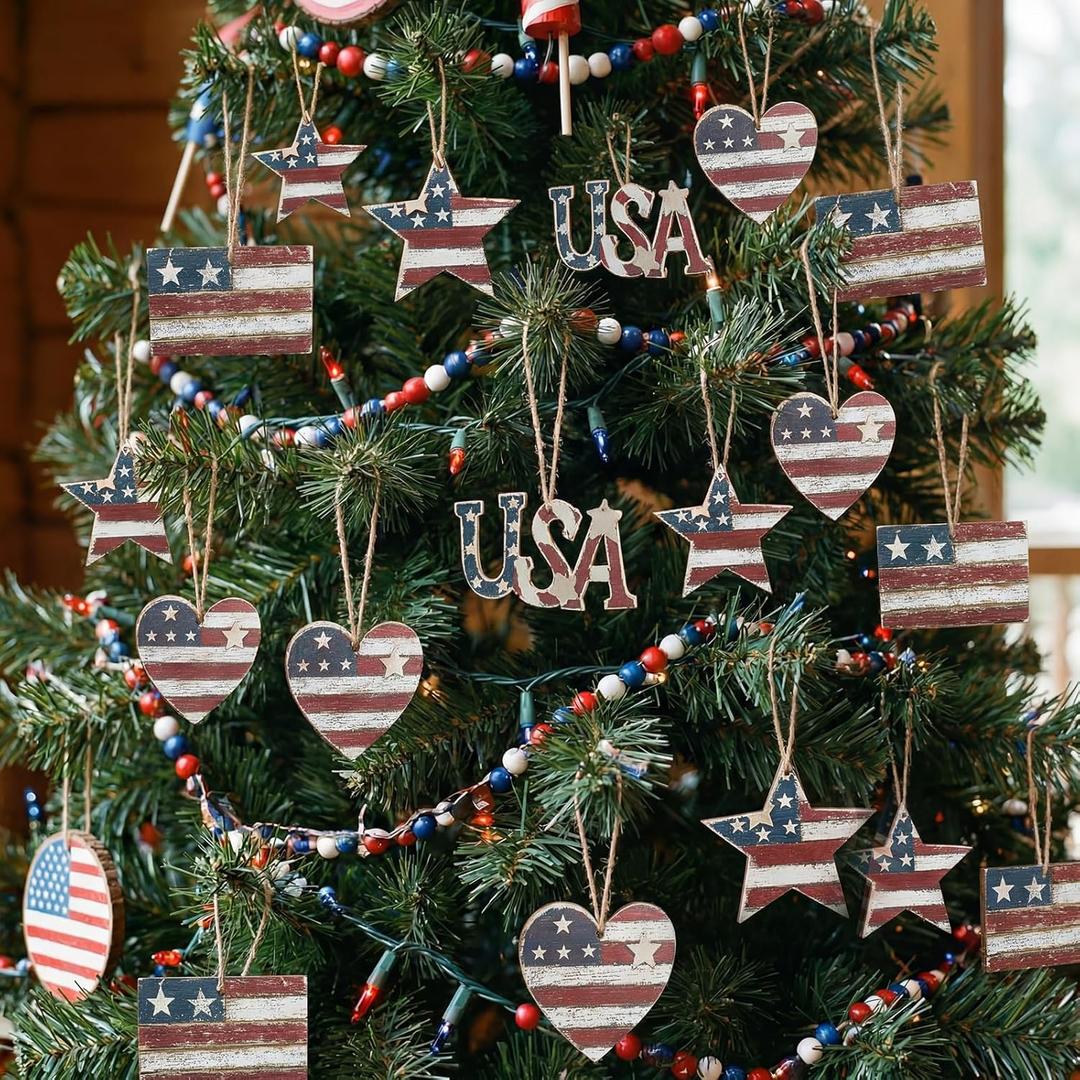Junkin 24 Pcs 4th of July Wooden Ornaments Vintage Patriotic Tree Decorations Rustic Stars Hearts Flags USA Red White Blue Hanging Ornaments for 250th Anniversary Memorial Independence Day Party Decor