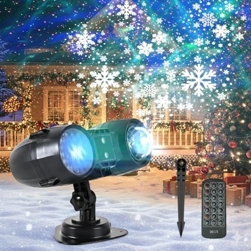 3-in-1 Christmas Projector Lights Outdoor, Dynamic Snowflakes + Ocean Wave Water Pattern + Red/Green Laser Light Show, IP65 Waterproof Remote Projector for Yard, Holiday Decor