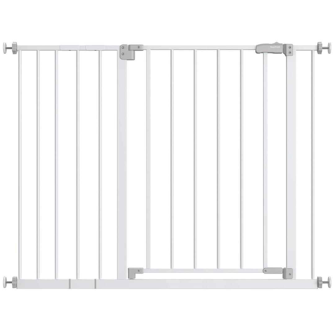 InnoTruth Baby Gate for Stairs 28.9-42.1" Wide, 30" Tall Easy Step Walk Through Expandable Dual Lock Dog Gates for The House, Metal Pressure Mounted Easy Install Pet Gate for Dogs, White