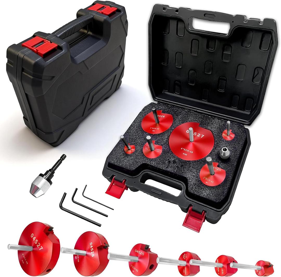 04529 for PPRK6 Plastic Pipe Fitting Reamer, PVC Reed Pipe Reamer Kit Contains 3/4",1",1-1/2",2",3",4" Aluminum Head Fit into Standard 1/2" Drill for CPVC, PPR or ABS (Red)