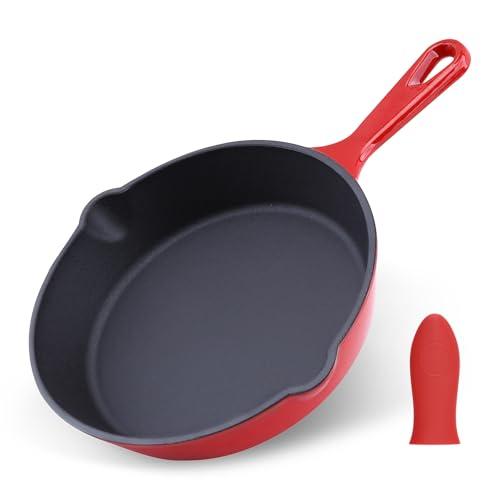 Enameled Cast Iron Skillet with Pour Spouts for Searing Baking Grilling and Roasting,8inch Frying Pan Cookware with Silicone Handle Cover,Durable Oven Safe Pan,Stove Campfire Use(Red)