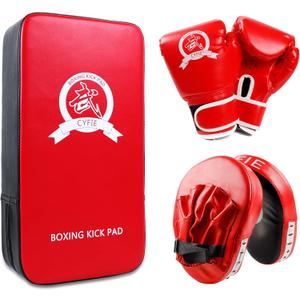 3-in-1 Boxing Equipment Punching Gloves Mitts Kick Pack Set for Kids Karate Mitts Pad for Beginners Arm Pad for Children Boxing Gloves for Muay Thai, Taekwondo, MMA Training, Gift for Kids Toddlers (Red)
