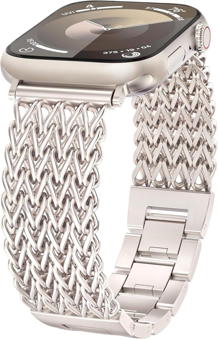 Minyee Compatible with Apple Watch Band 41/40/38/44/45/46/49/42mm Women, Dressy Stainless Steel Metal Adjustable Chain Strap Link Bracelet Wristband for iWatch Series 11 10 9 8 7 6 5 4 3 2 1 Ultra SE (Starlight)