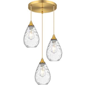 Brushed Gold 3-Light Pendant Lighting, Modern Dining Room Light Fixture Over Table with Hammered Glass, Cluster Hanging Lights for Kitchen Island Dining Room