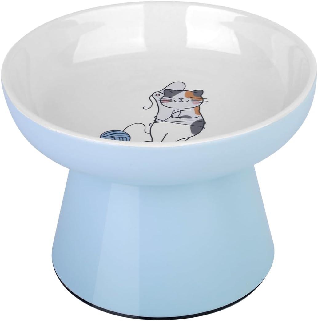 Raised Cat Food Bowl Ceramic Elevated Cat Bowl for Whisker & Neck Fatigue,Non-Slip & Anti Vomiting Pet Feeder for Kittens to Adult Cats and Small Dogs,Dishwasher Safe(Blue)